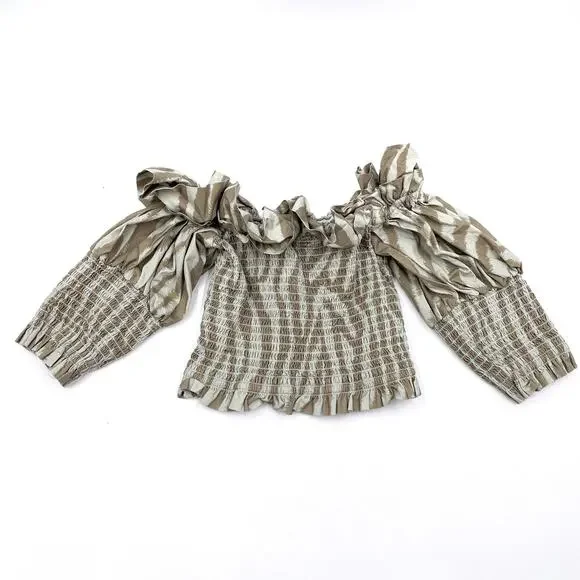 TOCCIN Smocked Ruffle Top Green Off-Shoulder Zebra Striped‎ Puff Sleeve Sz XS - Picture 5 of 10